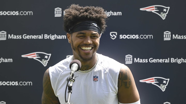 May 23, 2022; Foxborough, MA, USA; New England Patriots wide receiver Kendrick Bourne (84) speaks to