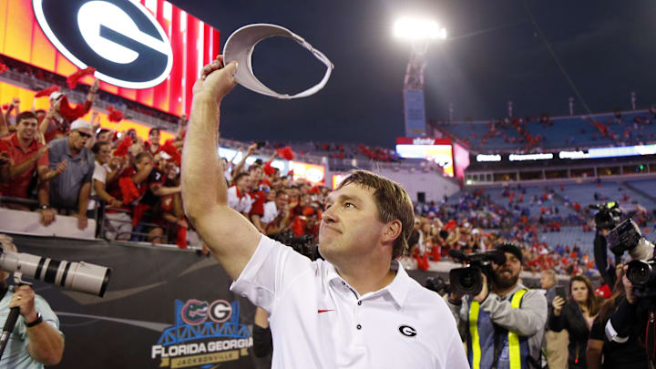 Oct 27, 2018; Jacksonville, FL, USA; Georgia Bulldogs head coach Kirby Smart smiles after defeating the Florida Gators at TIAA Bank Field. Mandatory Credit: Kim Klement-Imagn Images Oct 27, 2018; Jacksonville, FL, USA; Georgia Bulldogs head coach Kirby Smart smiles after defeating the Florida Gators at TIAA Bank Field. Mandatory Credit: Kim Klement-Imagn Images