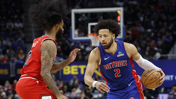 Feb 2, 2025; Detroit, Michigan, USA; Detroit Pistons guard Cade Cunningham (2) dribbles defended by Chicago Bulls guard Coby White (0) in the second half at Little Caesars Arena. Mandatory Credit: Rick Osentoski-Imagn Images Feb 2, 2025; Detroit, Michigan, USA; Detroit Pistons guard Cade Cunningham (2) dribbles defended by Chicago Bulls guard Coby White (0) in the second half at Little Caesars Arena. Mandatory Credit: Rick Osentoski-Imagn Images