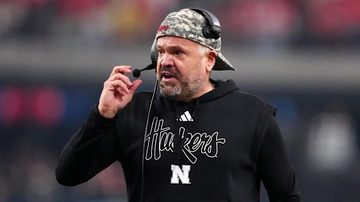 Dec 31, 2025; Las Vegas, NV, USA; Nebraska Cornhuskers head coach Matt Rhule gestures against the Utah Utes in the first half during the SRS Distribution Las Vegas Bowl at Allegiant Stadium. Mandatory Credit: Kirby Lee-Imagn Images