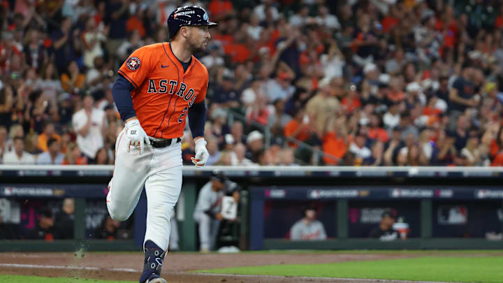Oct 2, 2024; Houston, Texas, USA; Houston Astros third base Alex Bregman (2) runs after hitting a single against the Detroit Tigers during the second inning of game two of the Wildcard round for the 2024 MLB Playoffs at Minute Maid Park. Oct 2, 2024; Houston, Texas, USA; Houston Astros third base Alex Bregman (2) runs after hitting a single against the Detroit Tigers during the second inning of game two of the Wildcard round for the 2024 MLB Playoffs at Minute Maid Park.
