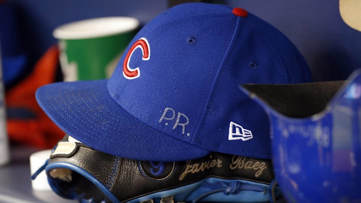 Sep 20, 2017; St. Petersburg, FL, USA; A detailed view of Chicago Cubs third baseman Javier Baez (9) (not pictured) hat and glove with the initials P.R. for his home country Puerto Rico against the Tampa Bay Rays at Tropicana Field.