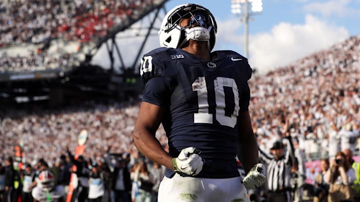 Penn State Nittany Lions running back Nicholas Singleton celebrates after scoring a touchdown during the fourth quarter against the Indiana Hoosiers at Beaver Stadium. 
