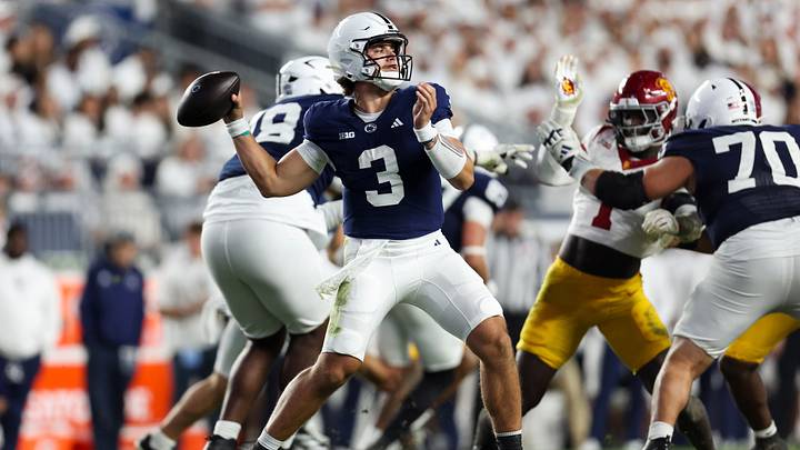 Penn State Nittany Lions quarterback Rocco Becht (3) throws a pass against the USC Trojans at Beaver Stadium. Penn State Nittany Lions quarterback Rocco Becht (3) throws a pass against the USC Trojans at Beaver Stadium.
