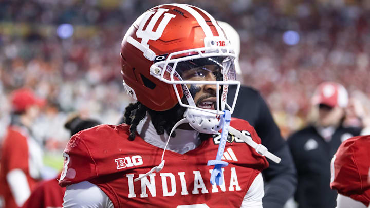 Jan 19, 2026; Miami Gardens, FL, USA; Indiana Hoosiers wide receiver Omar Cooper Jr. (3) against the Miami Hurricanes in the College Football Playoff National Championship game at Hard Rock Stadium. Mandatory Credit: Mark J. Rebilas-Imagn Images