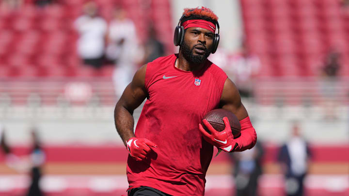 Oct 6, 2024; Santa Clara, California, USA; San Francisco 49ers wide receiver Jauan Jennings (15) warms up before the game against the Arizona Cardinals at Levi's Stadium. Mandatory Credit: Darren Yamashita-Imagn Images