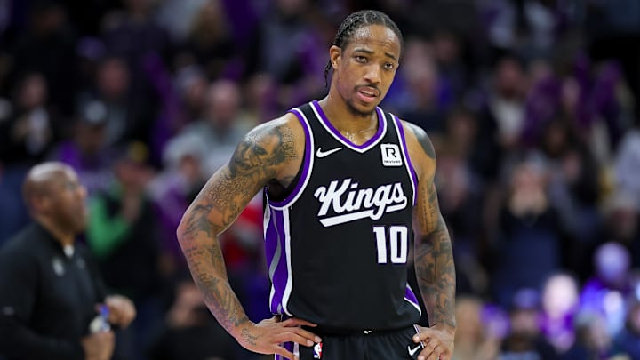Dec 16, 2024; Sacramento, California, USA; Sacramento Kings forward DeMar DeRozan (10) looks on during the fourth quarter against the Denver Nuggets at Golden 1 Center.