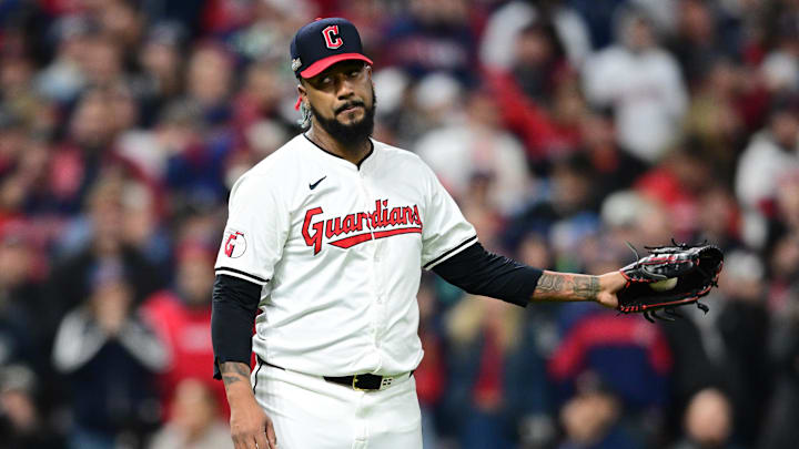 Oct 18, 2024; Cleveland, Ohio, USA; Cleveland Guardians pitcher Emmanuel Clase (48) reacts in the ninth inning against the New York Yankees during game four of the ALCS for the 2024 MLB playoffs at Progressive Field.