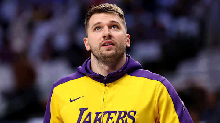 Luka Doncic #77 of the Los Angeles Lakers warms up before facing the Dallas Mavericks.
