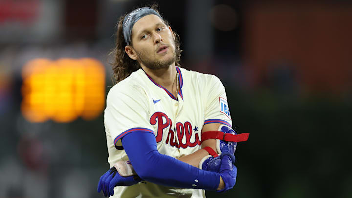 Oct 5, 2024; Philadelphia, PA, USA; Philadelphia Phillies third baseman Alec Bohm (28) reacts after the final out in the eighth inning against the New York Mets in game one of the NLDS for the 2024 MLB Playoffs at Citizens Bank Park. Oct 5, 2024; Philadelphia, PA, USA; Philadelphia Phillies third baseman Alec Bohm (28) reacts after the final out in the eighth inning against the New York Mets in game one of the NLDS for the 2024 MLB Playoffs at Citizens Bank Park.