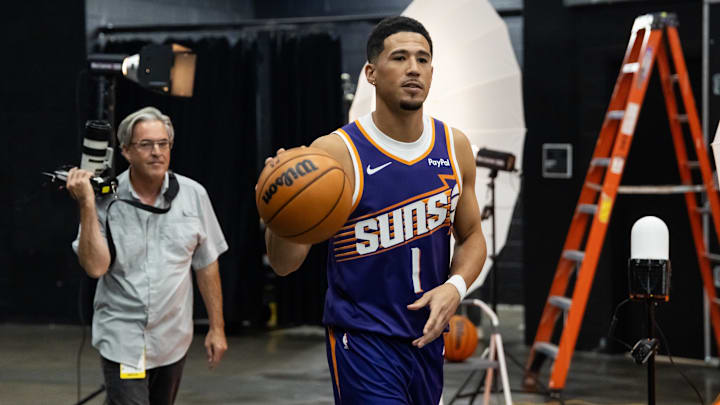 Sep 24, 2025; Phoenix, AZ, USA; Phoenix Suns guard Devin Booker (1) poses for portrait during Media Day at PHX Arena. Mandatory Credit: Mark J. Rebilas-Imagn Images