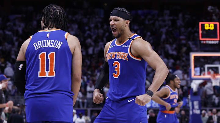 May 1, 2025; Detroit, Michigan, USA; New York Knicks guard Jalen Brunson (11) and guard Josh Hart (3) celebrate after defeating the Detroit Pistons during game six of first round for the 2024 NBA Playoffs at Little Caesars Arena. Mandatory Credit: Rick Osentoski-Imagn Images