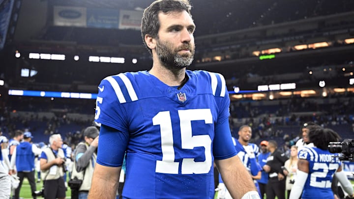 Jan 5, 2025; Indianapolis, Indiana, USA; Indianapolis Colts quarterback Joe Flacco (15) walks off the field after the game against the Jacksonville Jaguars at Lucas Oil Stadium. Mandatory Credit: Marc Lebryk-Imagn Images Jan 5, 2025; Indianapolis, Indiana, USA; Indianapolis Colts quarterback Joe Flacco (15) walks off the field after the game against the Jacksonville Jaguars at Lucas Oil Stadium. Mandatory Credit: Marc Lebryk-Imagn Images