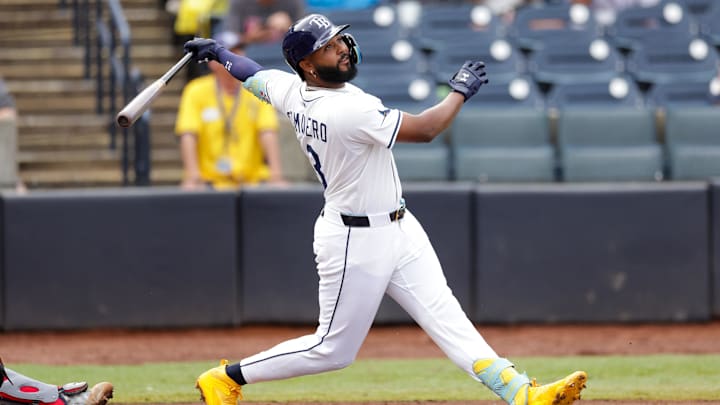 Tampa Bay Rays third baseman Junior Caminero hits a grand slam against the St. Louis Cardinals in the fifth inning at George M. Steinbrenner Field.