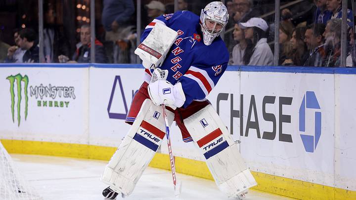 Oct 19, 2026; New York, New York, USA; New York Rangers goaltender Dylan Garand (33) plays the puck against the Anaheim Ducks during the first period at Madison Square Garden. Mandatory Credit: Brad Penner-Imagn Images Oct 19, 2026; New York, New York, USA; New York Rangers goaltender Dylan Garand (33) plays the puck against the Anaheim Ducks during the first period at Madison Square Garden. Mandatory Credit: Brad Penner-Imagn Images