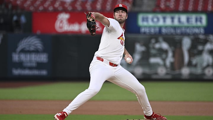 Sep 15, 2025; St. Louis, Missouri, USA; St. Louis Cardinals starting pitcher Matthew Liberatore (52) pitches against the Cincinnati Reds in the first inning at Busch Stadium. Mandatory Credit: Joe Puetz-Imagn Images