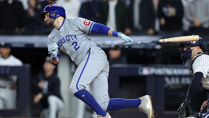 Oct 7, 2024; Bronx, New York, USA; Kansas City Royals outfielder Garrett Hampson (2) hits a RBI single against the New York Yankees in the fourth inning during game two of the ALDS for the 2024 MLB Playoffs at Yankee Stadium. Mandatory Credit: Brad Penner-Imagn Images Oct 7, 2024; Bronx, New York, USA; Kansas City Royals outfielder Garrett Hampson (2) hits a RBI single against the New York Yankees in the fourth inning during game two of the ALDS for the 2024 MLB Playoffs at Yankee Stadium. Mandatory Credit: Brad Penner-Imagn Images