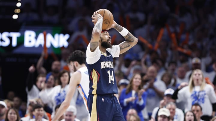 Apr 21, 2024; Oklahoma City, Oklahoma, USA; New Orleans Pelicans forward Brandon Ingram (14) reacts to an offensive foul call against him on a play against the Oklahoma City Thunder during the fourth quarter of game one of the first round for the 2024 NBA playoffs at Paycom Center. Apr 21, 2024; Oklahoma City, Oklahoma, USA; New Orleans Pelicans forward Brandon Ingram (14) reacts to an offensive foul call against him on a play against the Oklahoma City Thunder during the fourth quarter of game one of the first round for the 2024 NBA playoffs at Paycom Center.