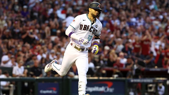 Nov 1, 2023; Phoenix, Arizona, USA; Arizona Diamondbacks left fielder Lourdes Gurriel Jr. (12) runs