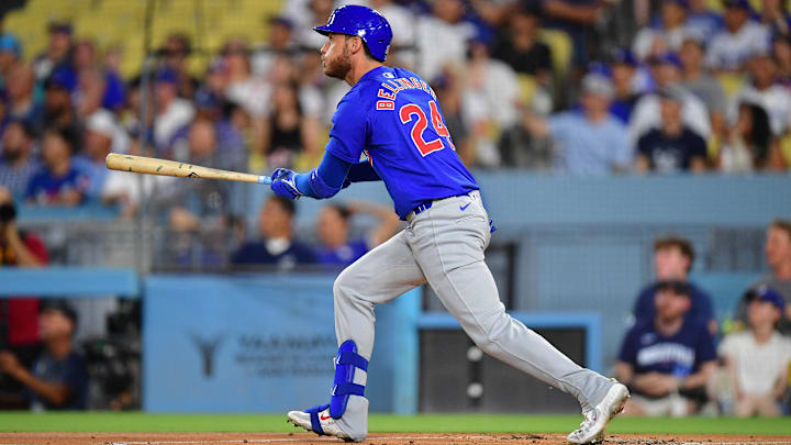 Sep 9, 2024; Los Angeles, California, USA; Chicago Cubs right fielder Cody Bellinger (24) hits a solo home run against the Los Angeles Dodgers during the first inning at Dodger Stadium. Mandatory Credit: Gary A. Vasquez-Imagn Images Sep 9, 2024; Los Angeles, California, USA; Chicago Cubs right fielder Cody Bellinger (24) hits a solo home run against the Los Angeles Dodgers during the first inning at Dodger Stadium. Mandatory Credit: Gary A. Vasquez-Imagn Images