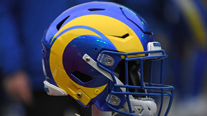 Jan 19, 2025; Philadelphia, Pennsylvania, USA; Los Angeles Rams helmet on the sidelines against the Philadelphia Eagles in a 2025 NFC divisional round game at Lincoln Financial Field. Mandatory Credit: Eric Hartline-Imagn Images