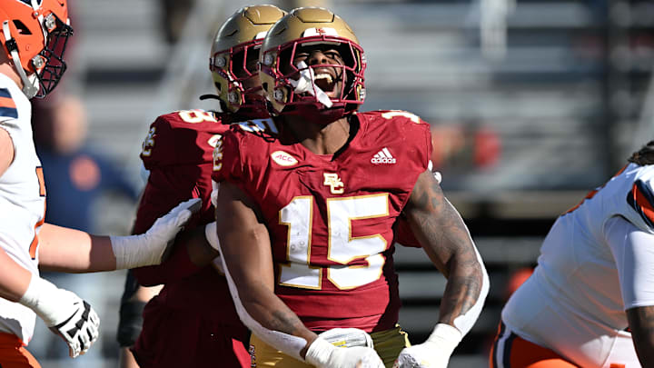 Nov 9, 2024; Chestnut Hill, Massachusetts, USA; Boston College Eagles defensive end Quintayvious Hutchins (15) reacts after a sack against the Syracuse Orange during the first half at Alumni Stadium. Mandatory Credit: Brian Fluharty-Imagn Images