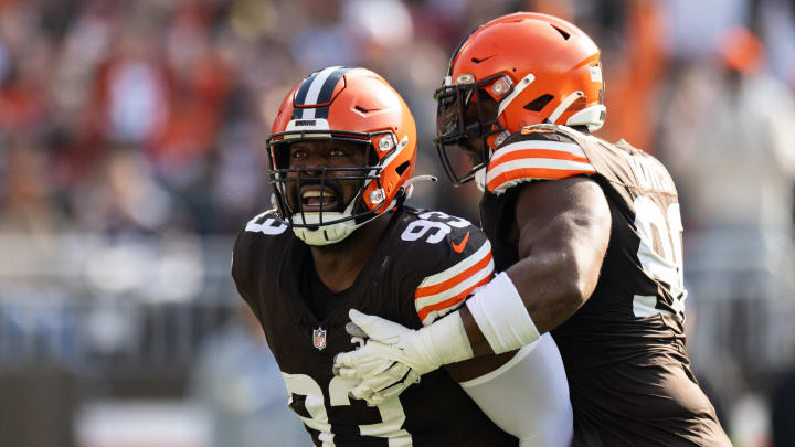 Nov 5, 2023; Cleveland, Ohio, USA; Cleveland Browns defensive tackle Shelby Harris (93) celebrates
