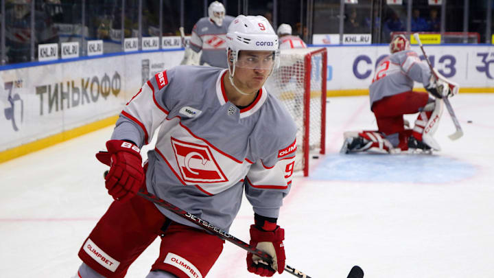 Spartak Hockey Club player, Maxim Tsyplakov (9) seen in...