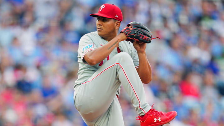 Aug 24, 2024; Kansas City, Missouri, USA; Philadelphia Phillies starting pitcher Ranger Suarez (55) pitches during the first inning against the Kansas City Royals at Kauffman Stadium. Mandatory Credit: Jay Biggerstaff-Imagn Images