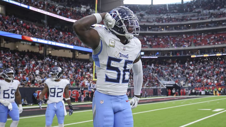 Nov 24, 2024; Houston, Texas, USA; Tennessee Titans linebacker Kenneth Murray Jr. (56) reacts after a play during the fourth quarter against the Houston Texans at NRG Stadium.