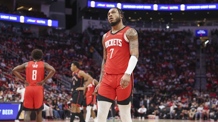 Feb 9, 2025; Houston, Texas, USA; Houston Rockets forward Cam Whitmore (7) reacts after a play during the second quarter against the Toronto Raptors at Toyota Center. Mandatory Credit: Troy Taormina-Imagn Images