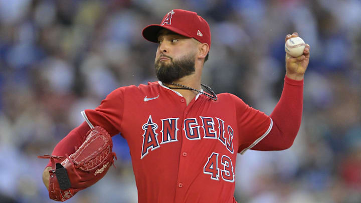 Jun 21, 2024; Los Angeles, California, USA; Los Angeles Angels starting pitcher Patrick Sandoval (43) delivers to the plate in the second inning against the Los Angeles Dodgers at Dodger Stadium. Mandatory Credit: Jayne Kamin-Oncea-Imagn Images Jun 21, 2024; Los Angeles, California, USA; Los Angeles Angels starting pitcher Patrick Sandoval (43) delivers to the plate in the second inning against the Los Angeles Dodgers at Dodger Stadium. Mandatory Credit: Jayne Kamin-Oncea-Imagn Images