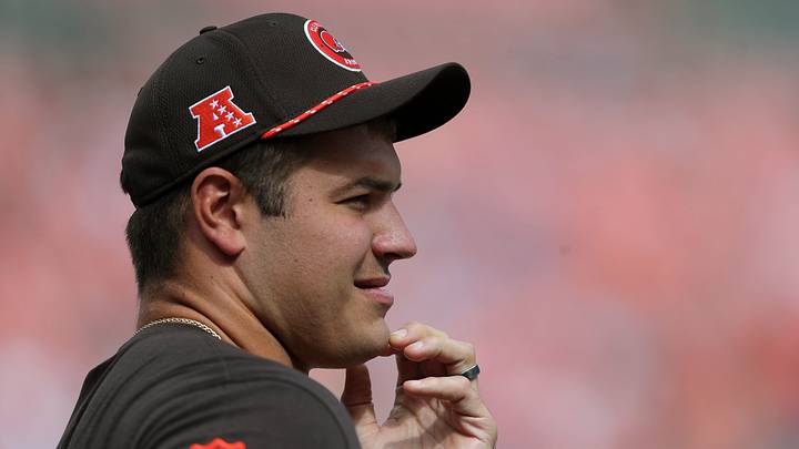 Cleveland Browns offensive tackle Jack Conklin watches the team warm up before a game Sept. 22, 2024, in Cleveland, Ohio. Cleveland Browns offensive tackle Jack Conklin watches the team warm up before a game Sept. 22, 2024, in Cleveland, Ohio.