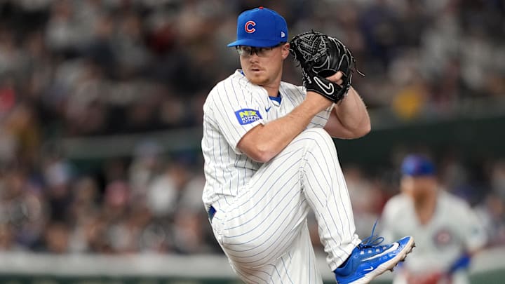 Mar 15, 2025; Bunkyo, Tokyo, Japan; Chicago Cubs pitcher Jordan Wicks (36) throws a pitch against the Hanshin Tigers during the eighth inning at Tokyo Dome. 