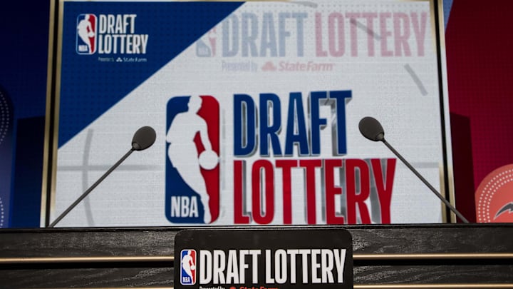 May 15, 2018; Chicago, IL, USA; The podium with logos is seen prior to the 2018 NBA Draft Lottery at the Palmer House Hilton. Mandatory Credit: Patrick Gorski-Imagn Images May 15, 2018; Chicago, IL, USA; The podium with logos is seen prior to the 2018 NBA Draft Lottery at the Palmer House Hilton. Mandatory Credit: Patrick Gorski-Imagn Images