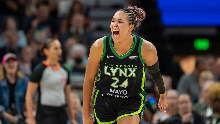 Sep 14, 2025; Minneapolis, Minnesota, USA; Minnesota Lynx forward Napheesa Collier (24) celebrates making a shot against the Golden State Valkyries in the second half during game one of round one for the 2025 WNBA Playoffs at Target Center. Mandatory Credit: Jesse Johnson-Imagn Images Sep 14, 2025; Minneapolis, Minnesota, USA; Minnesota Lynx forward Napheesa Collier (24) celebrates making a shot against the Golden State Valkyries in the second half during game one of round one for the 2025 WNBA Playoffs at Target Center. Mandatory Credit: Jesse Johnson-Imagn Images