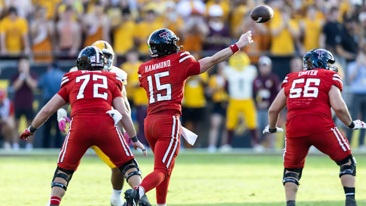 Oct 18, 2025; Tempe, Arizona, USA; Texas Tech Red Raiders quarterback Will Hammond (15) against the Arizona State Sun Devils at Mountain America Stadium. Mandatory Credit: Mark J. Rebilas-Imagn Images
