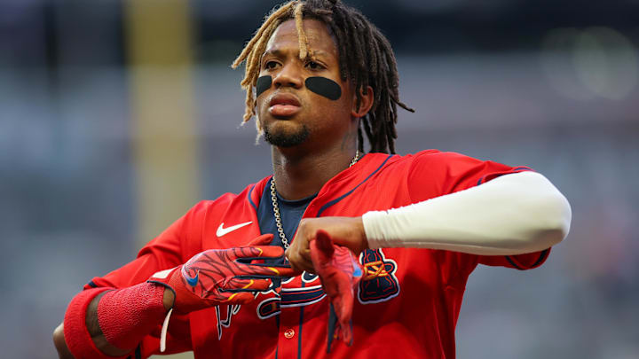 Apr 26, 2024; Atlanta, Georgia, USA; Atlanta Braves right fielder Ronald Acuna Jr. (13) on the field