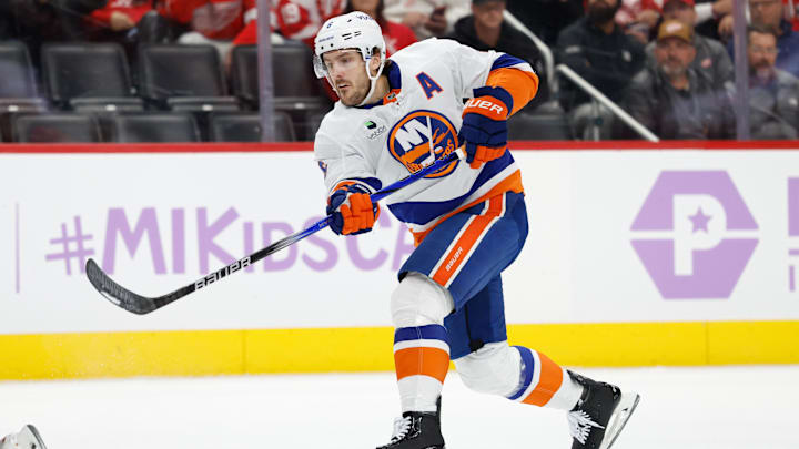Nov 20, 2025; Detroit, Michigan, USA; New York Islanders defenseman Ryan Pulock (6) takes a shot in the first period against the Detroit Red Wings at Little Caesars Arena. Mandatory Credit: Rick Osentoski-Imagn Images Nov 20, 2025; Detroit, Michigan, USA; New York Islanders defenseman Ryan Pulock (6) takes a shot in the first period against the Detroit Red Wings at Little Caesars Arena. Mandatory Credit: Rick Osentoski-Imagn Images