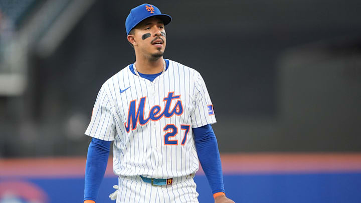 Apr 30, 2025; New York City, New York, USA;  New York Mets third baseman Mark Vientos (27) prior to the game against the Arizona Diamondbacks at Citi Field. Mandatory Credit: Gregory Fisher-Imagn Images