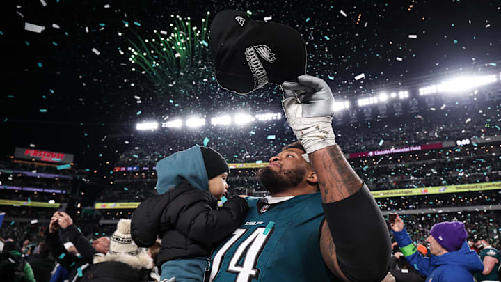 Jan 26, 2025; Philadelphia, PA, USA; Philadelphia Eagles offensive tackle Fred Johnson (74) celebrates after a victory in the NFC Championship game against the Washington Commanders at Lincoln Financial Field. Mandatory Credit: Bill Streicher-Imagn Images Jan 26, 2025; Philadelphia, PA, USA; Philadelphia Eagles offensive tackle Fred Johnson (74) celebrates after a victory in the NFC Championship game against the Washington Commanders at Lincoln Financial Field. Mandatory Credit: Bill Streicher-Imagn Images