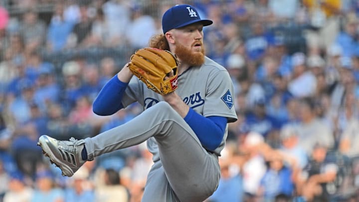 Jun 27, 2025; Kansas City, Missouri, USA; Los Angeles Dodgers starting pitcher Dustin May (85) throws a pitch in the first inning against the Kansas City Royals at Kauffman Stadium. Mandatory Credit: Peter Aiken-Imagn Images Jun 27, 2025; Kansas City, Missouri, USA; Los Angeles Dodgers starting pitcher Dustin May (85) throws a pitch in the first inning against the Kansas City Royals at Kauffman Stadium. Mandatory Credit: Peter Aiken-Imagn Images
