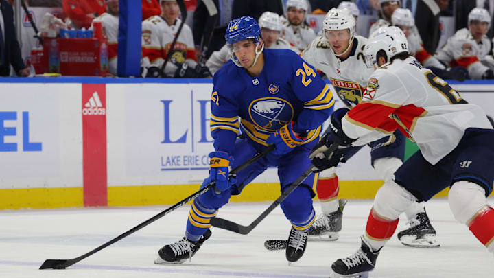 Feb 15, 2024; Buffalo, New York, USA;  Buffalo Sabres center Dylan Cozens (24) carries the puck up