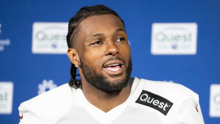 New York Giants linebacker Kayvon Thibodeaux (5) speaks with members of the media after a Mandatory Minicamp at Quest Diagnostics Giants Training Center in East Rutherford on Tuesday, June 17, 2025.