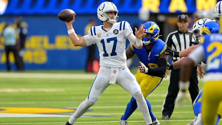 Sep 28, 2025; Inglewood, California, USA; Indianapolis Colts quarterback Daniel Jones (17) throws a pass in the second half against the Los Angeles Rams at SoFi Stadium. Mandatory Credit: Jayne Kamin-Oncea-Imagn Images Sep 28, 2025; Inglewood, California, USA; Indianapolis Colts quarterback Daniel Jones (17) throws a pass in the second half against the Los Angeles Rams at SoFi Stadium. Mandatory Credit: Jayne Kamin-Oncea-Imagn Images