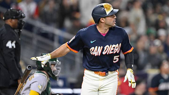May 22, 2026; San Diego, California, USA; San Diego Padres left fielder Ramón Laureano (5) hits a solo home run during the seventh inning against the Athletics at Petco Park. Mandatory Credit: Denis Poroy-Imagn Images May 22, 2026; San Diego, California, USA; San Diego Padres left fielder Ramón Laureano (5) hits a solo home run during the seventh inning against the Athletics at Petco Park. Mandatory Credit: Denis Poroy-Imagn Images