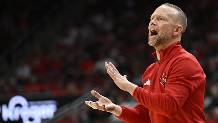 Nov 24, 2025; Louisville, Kentucky, USA;  Louisville Cardinals head coach Pat Kelsey reacts during the second half against the Eastern Michigan Eagles at KFC Yum! Center. Louisville defeated Eastern Michigan 87-46. Mandatory Credit: Jamie Rhodes-Imagn Images