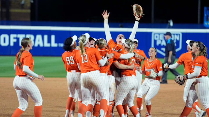 Oklahoma State Cowgirls pitcher Ruby Meylan (66) celebrates with teammates after a Bedlam softball game between the Oklahoma State Cowgirls and the Oklahoma Sooners at Devon Park in Oklahoma City, Wednesday, April 15, 2026.
