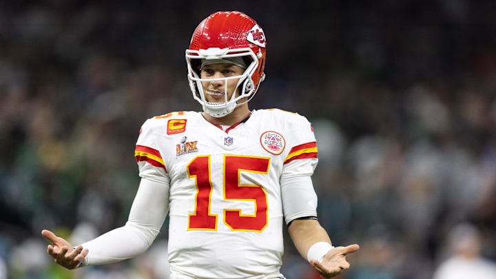 Kansas City Chiefs quarterback Patrick Mahomes (15) reacts against the Philadelphia Eagles in Super Bowl LIX at Ceasars Superdome. Kansas City Chiefs quarterback Patrick Mahomes (15) reacts against the Philadelphia Eagles in Super Bowl LIX at Ceasars Superdome.