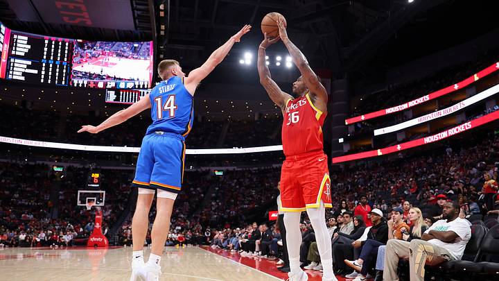 Oct 15, 2026; Houston, Texas, USA; Houston Rockets guard Marcus Smart (36) shoots the ball as Oklahoma City Thunder guard Bennett Stirtz (14) defends during the second quarter at Toyota Center. Mandatory Credit: Troy Taormina-Imagn Images Oct 15, 2026; Houston, Texas, USA; Houston Rockets guard Marcus Smart (36) shoots the ball as Oklahoma City Thunder guard Bennett Stirtz (14) defends during the second quarter at Toyota Center. Mandatory Credit: Troy Taormina-Imagn Images